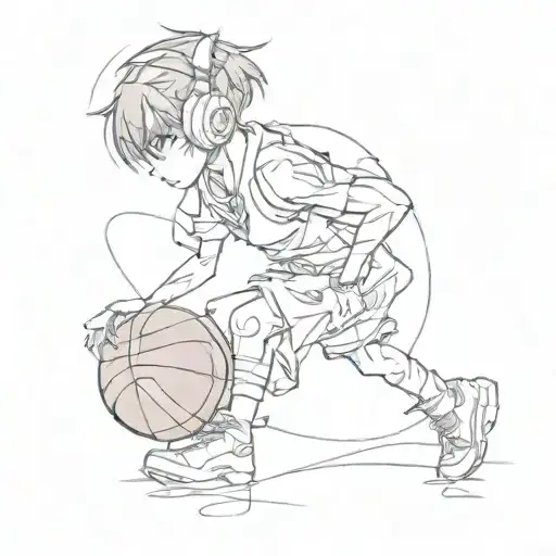 A sketch tattoo of an anime character with headphones dribbling a basketball tattoo design idea