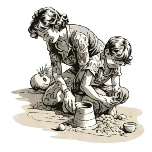 A beach scene with a mother and son building sandcastles, capturing the joy of family and the beach in a traditional style tattoo design idea