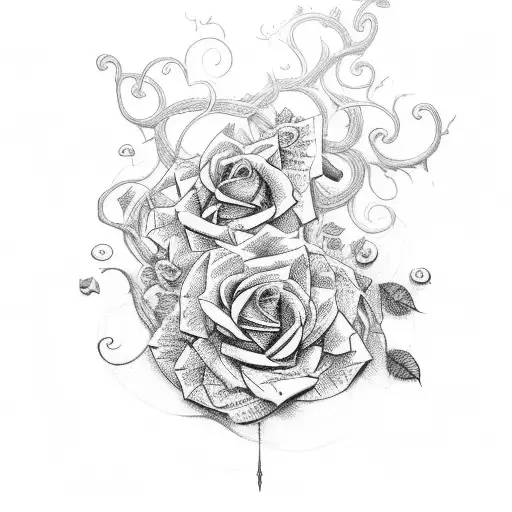 Sword sorrounded by vines with roses in the back tattoo design idea