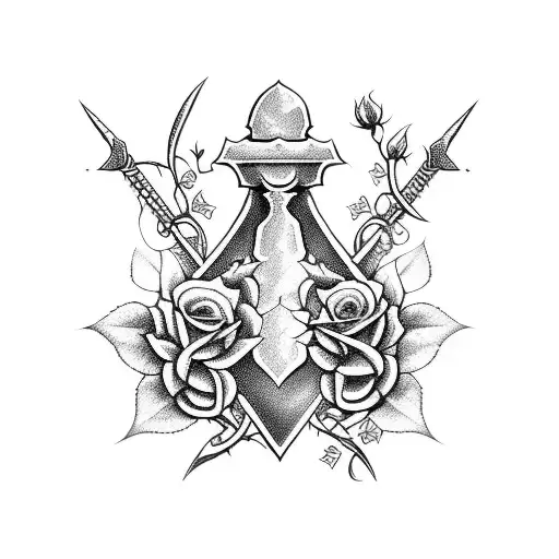 Sword with roses and vines with spikes tattoo design idea