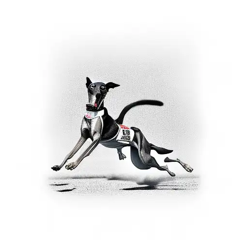 greyhound race with a black dog leading the other dogs racing. angle is front on tattoo design idea
