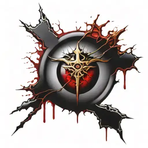 Dark black broke Satanic cross Realistic Eye, cracked and bleeding. dark black and blood red. golden cross. demonic tattoo design idea