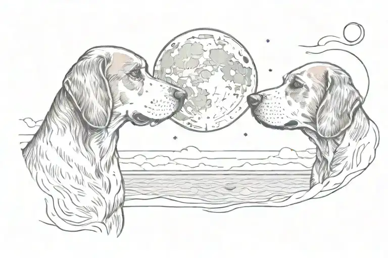 Beagle dog and human looking at each other with a moon in the background and sea tattoo design idea