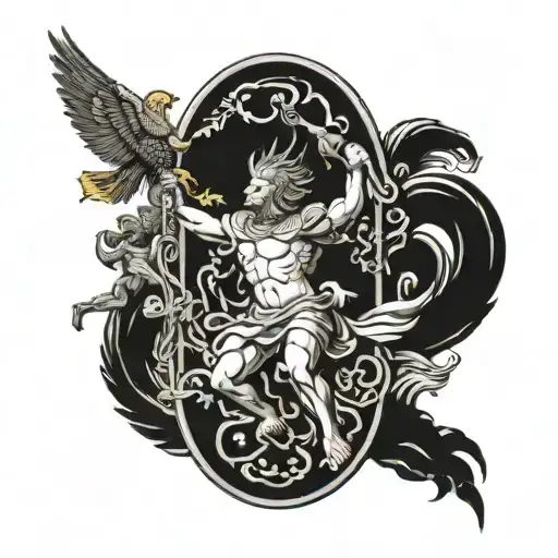 greek themed arm sleeve including Saint George slaying the dragon, Zeus, an eagle, Icarus falling from the sun,a soldier tattoo design idea