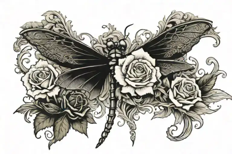 Dragonfly white rose tattoo design idea