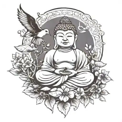 Buddha with aviator sunglasses swallow bird Bonzai tree black and white tattoo design idea