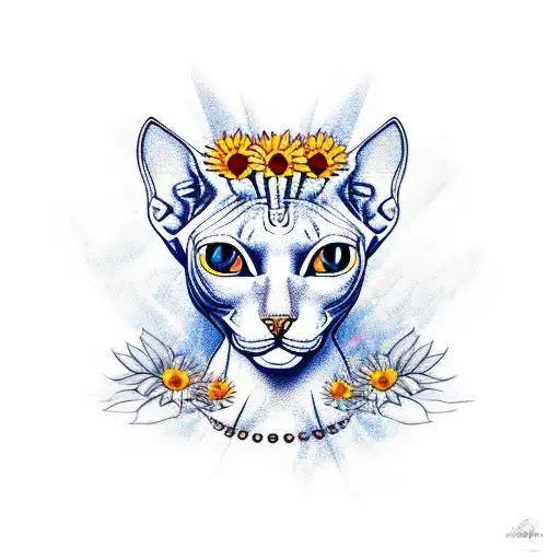 sphynx with sunflowers  tattoo design idea