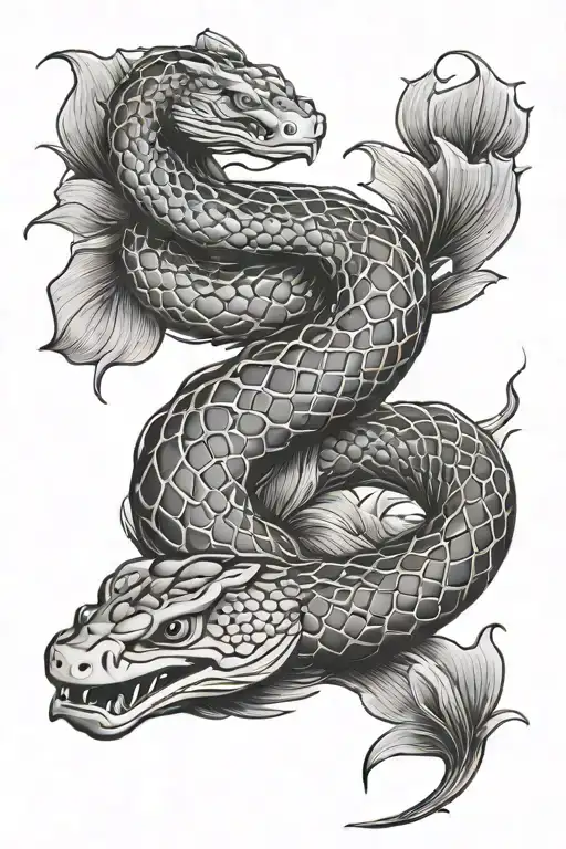 snake and koi fish swimming tattoo design idea