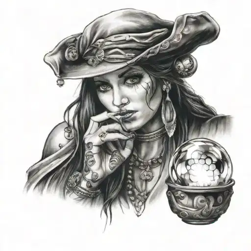 Gypsy, holding a Crystal ball realistic black and white  tattoo design idea
