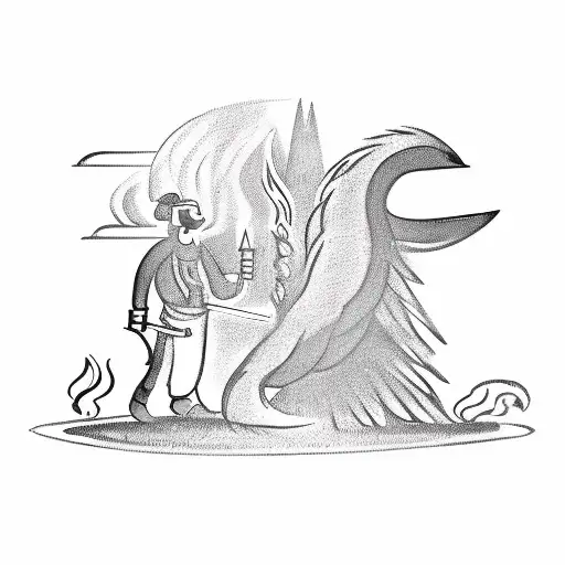 small image of black smith in the woods forging a sword, with a large phoenix coming out from the flame and smoke tattoo design idea