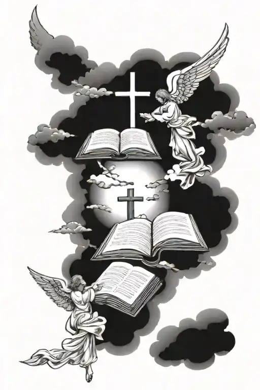 clouds floating with and angels flying together god praying and crosses and bible berses tattoo design idea