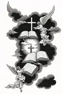 clouds floating with and angels flying together god praying and crosses and bible berses tattoo design idea