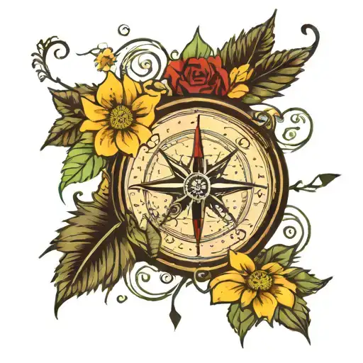 compass half covered by daisies, roses, oak tree leaves and maple leaves with the quote "you'll always find your way bac tattoo design idea