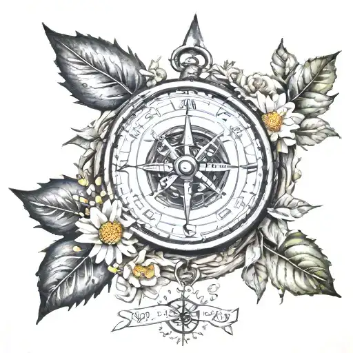 compass half covered by daisies, roses, oak tree leaves and maple leaves with the quote "you'll always find your way bac tattoo design idea