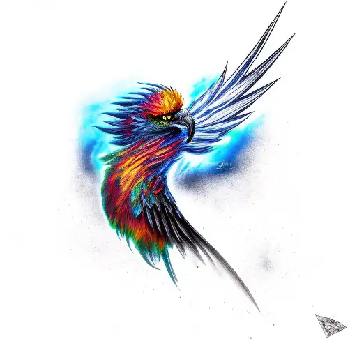 A full-body black phoenix seen in profile, with colored paint stains in background tattoo design idea