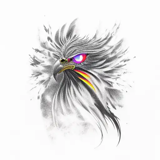 A black phoenix seen in profile, with colored abstract flames like paint stains tattoo design idea