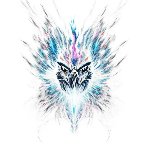 A entire black phoenix seen in profile, with colored abstract flames like paint stains tattoo design idea