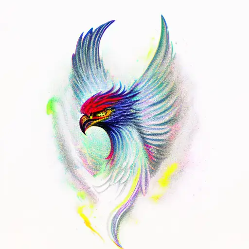 A full-body black phoenix seen in profile, with colored paint stains tattoo design idea