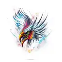 A full-body black phoenix seen in profile, with colored paint stains tattoo design idea