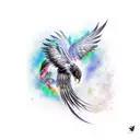 A full-body black phoenix seen in profile, with colored paint stains tattoo design idea