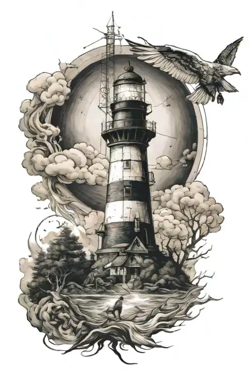 Linkin Wolf lighthouse coordinates written underneath tattoo design idea