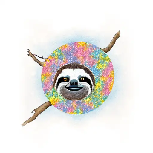 slanded eyes and a smiling sloth hanging on a tree rising sun tattoo design idea