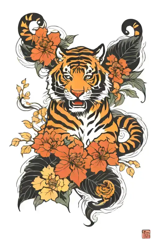 tiger and sampaguita flower and maple leaf  tattoo design idea
