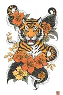 tiger and sampaguita flower and maple leaf  tattoo design idea
