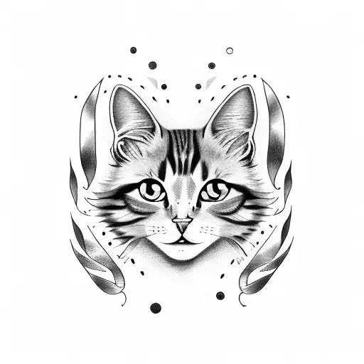 black and white long hair cat head tattoo looking directly and with no/white eyes tattoo design idea