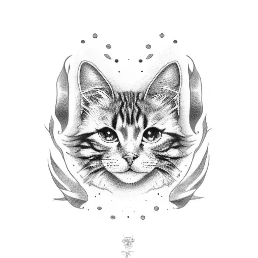black and white long hair cat head tattoo looking directly and with no/white eyes tattoo design idea