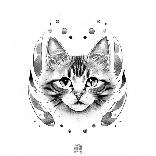 black and white long hair cat head tattoo looking directly and with white eyes tattoo design idea