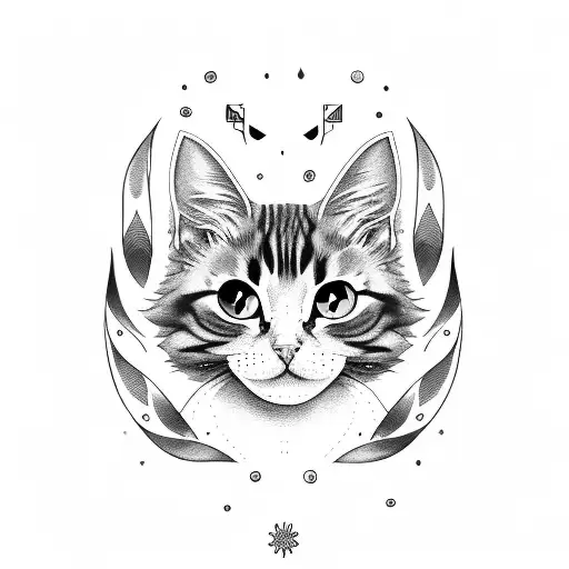 black and white long hair cat head tattoo looking directly and with white eyes tattoo design idea