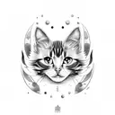 black and white long hair cat head tattoo looking directly and with white eyes tattoo design idea