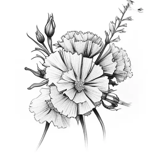 A bouquet of carnations, daffodils, roses, and asters, with a string around the stems. tattoo design idea