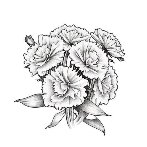 carnations, daffodils, roses, and asters, with a string around the stems. tattoo design idea