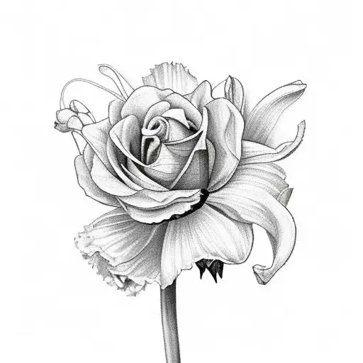 A four flower bouquet consisting of a carnation, daffodil, rose, and aster in black and white. tattoo design idea