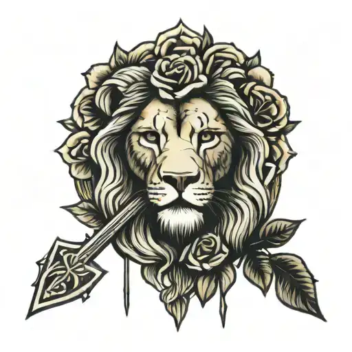 lion cross Jesus roses tattoo design idea