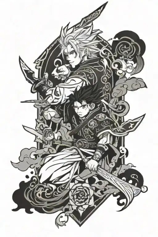 anime inspired tattoo from black clover, demon slayer, jujitsu kaisen tattoo design idea