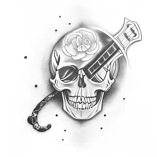 A guitar with intricate blackwork details and a skull incorporated into the design tattoo design idea