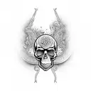 A guitar with intricate blackwork details and a skull incorporated into the design tattoo design idea