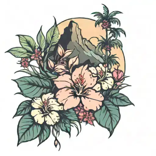 rose hibiscus palm tree mountain tattoo design idea