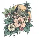 rose hibiscus palm tree mountain tattoo design idea
