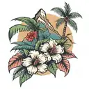 rose hibiscus palm tree mountain tattoo design idea