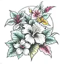 rose hibiscus palm tree mountain tattoo design idea