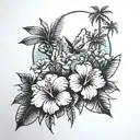 rose hibiscus palm tree mountain tattoo design idea