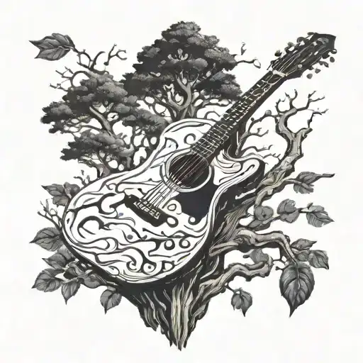A detailed blackwork tattoo of a guitar growing out of a tree trunk in a mystical forest setting tattoo design idea