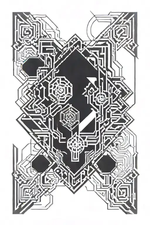 Thin sharp lines, cyber sigilism style punk/metal tattoo design idea