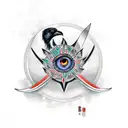 The word blessed vertivally and a small coss at the bottom. Sasuke's sharingan eye in the blade of a kunai and ravens fl tattoo design idea