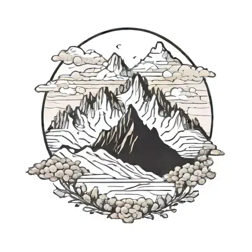 A majestic mountain range with a hidden gold mine peeking out from behind the peaks tattoo design idea