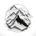 A majestic mountain range with a hidden gold mine peeking out from behind the peaks tattoo design idea